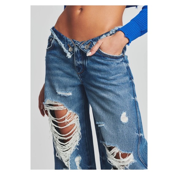 New! SER.O.YA “Ollie” Fold Over Wide Leg Distressed Jeans in Bayside Blue - Picture 4 of 13